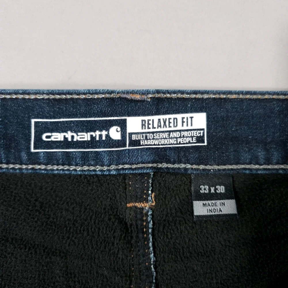 Carhartt Fleece Lined Jeans Mens 33x30 Blue‎ BD4939-M Relaxed Fit Straight Leg